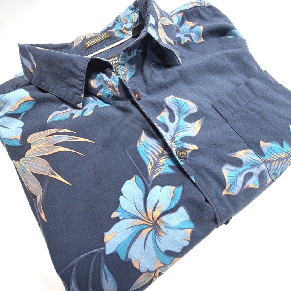 Quiksilver Waterman Collection Hawaiian Camp Shirt Blue Floral Comfort Fit XL